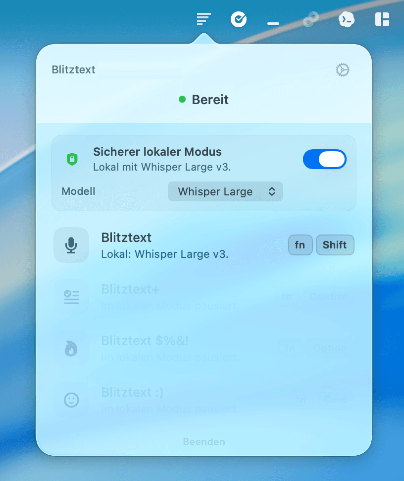 Blitztext sicherer lokaler Modus mit lokaler Whisper-Transkription