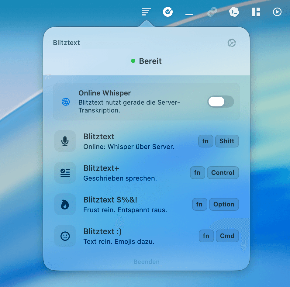 Blitztext Menüleisten-App mit den vier Modi im Online-Modus